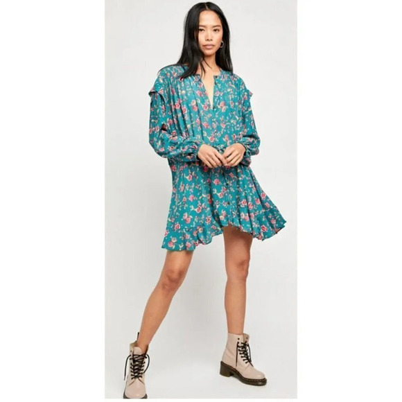 Free People Flower Fields Mini Dress Size Small Emerald Green MSRP $128 Oversize - Picture 4 of 16